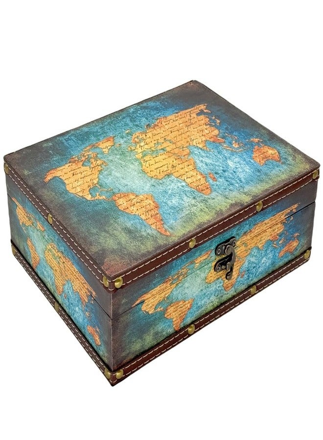Amedoo Treasure Box Vintage Wooden + PU Leather Decorative Trinket Jewelry Box Memento Case Box Keepsake Box Gifts For Kids Girls Women Men Home Decor (Map/Green, Medium) - Image 1